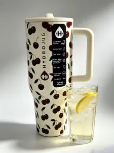 HydroJug 40oz Vintage Cherry Print Insulated Tumbler, Double Wall Vacuum Stainless Steel Travel Mug with Handle, Leak Proof, Cup Holder Friendly, Cottagecore Aesthetic for Daily Use & Gifts outdoorfun Water Bottles Water Bottles Portable