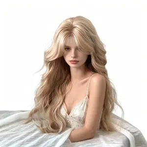 [Fumianwang] Cream Barbie Gold Wig for Women, Middle Parting, Milky White Beige Golden Egg Curl Long Curly Hair Full Head Wig