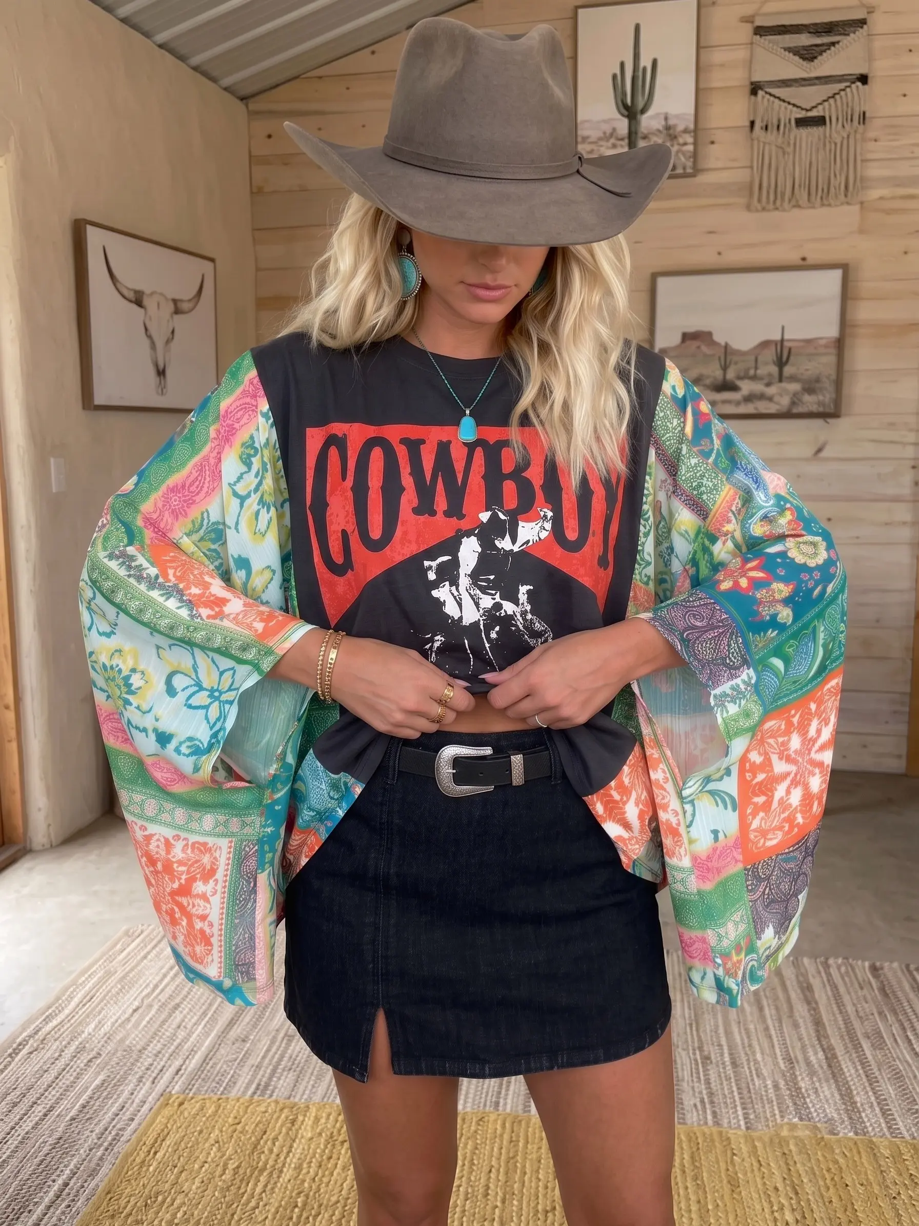 Women's Chic Soft Comfortable Printed Cowboy Petal Graphic Batwing Sleeve Fashion Blouse - Casual Boho Loose Fit Vintage Everyday Statement Top, Women's Clothes, Graphic Tees Women
