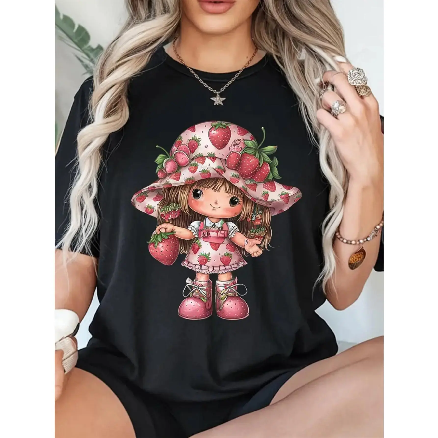 Women's Cartoon Graphic T-Shirt, Athletic Streetwear Top with Strawberry Print, Soft 100% Cotton Relaxed Fit