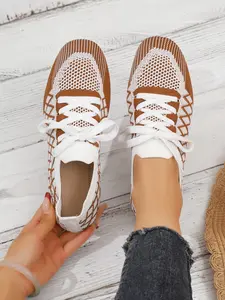 Women's Knitted Lace-Up Flat Shoes, Breathable Mesh Casual Sneakers, Sports Shoes, Athletic Trainers, Comfortable Daily Walking Shoes, Striped Textile Upper, PVC Sole