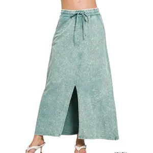 Zenana French Terry Acid Washed Front Slit Long Skirts