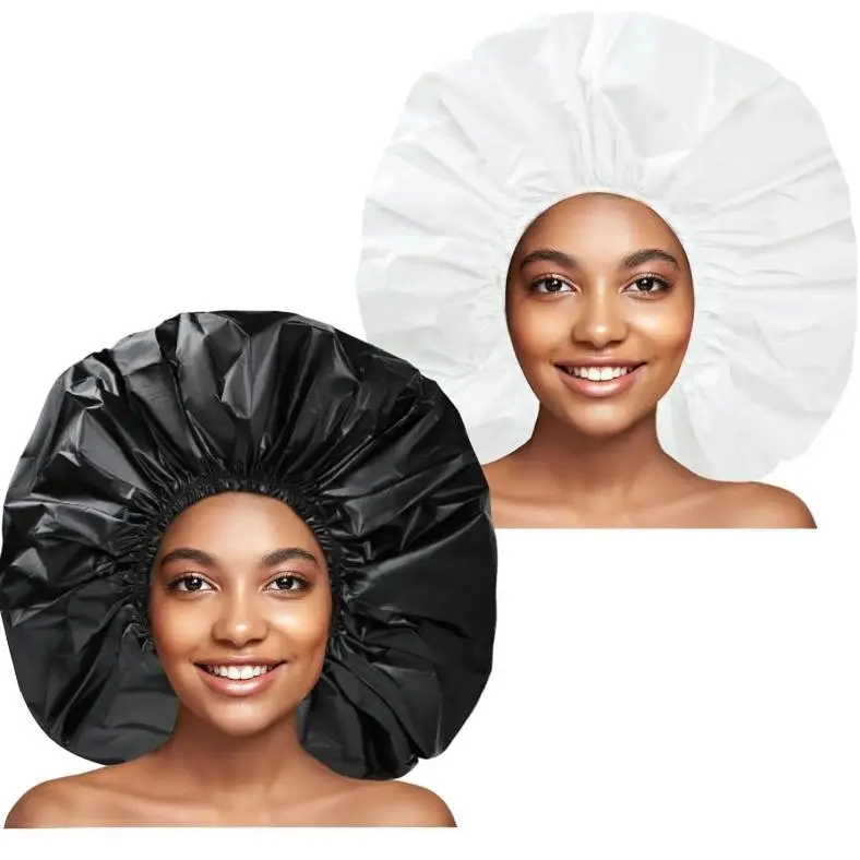 Women's Jumbo Shower Caps 2-Pack, Solid Color PEVA Bath Cap for Long & Curly Hair, Reusable with No-Mark Elastic for Spa Use, Cover, Set