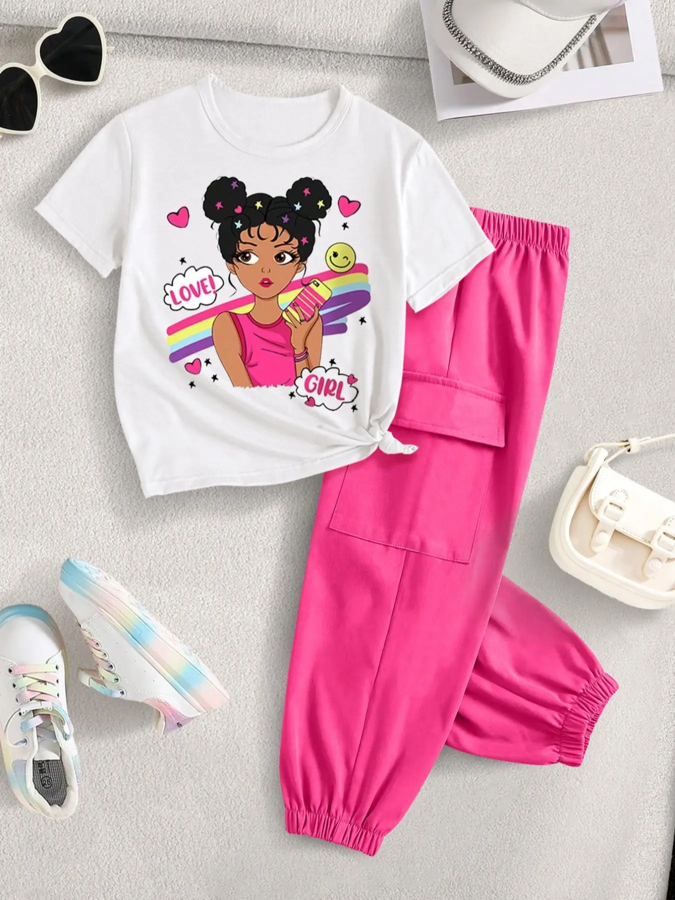 Toddler Girl's Cartoon Girl Print Tee & Pants Sweater Set, Casual Short Sleeve T-shirt & Trousers, Kids Summer Clothes