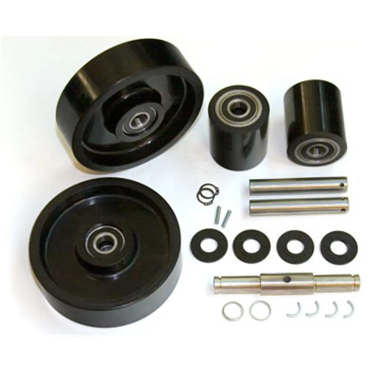 CJ55 Pre-Assembled Polyurethane Wheel Replacement Kit for Manual Pallet Jack - Black, 2 Load Wheel Assemblies, 70d Rating, Bearings & Axles Included, 12 lbs, Cost-Effective, Easy to Install, Complete Kit