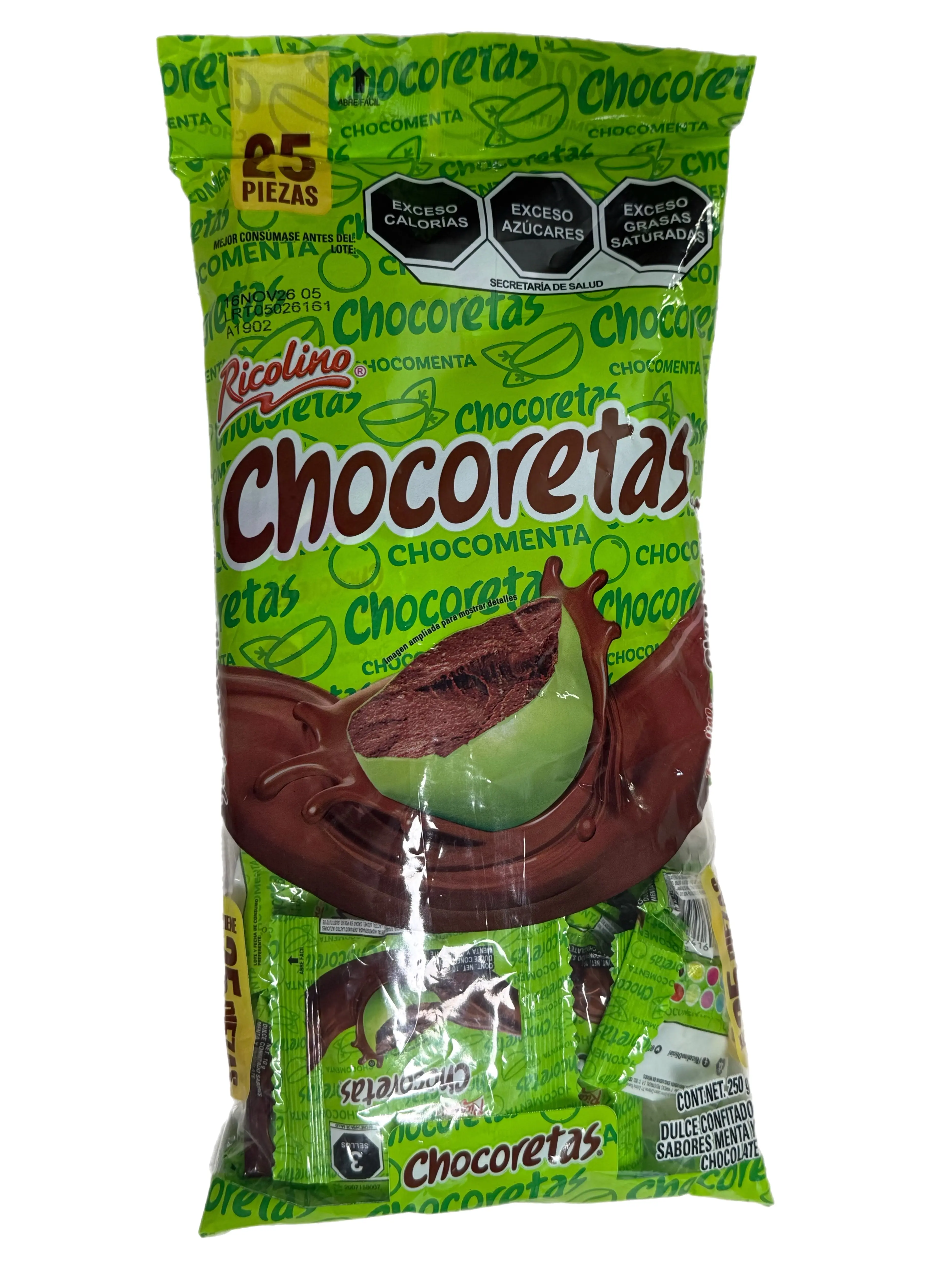 Ricolino Chocoretas Mint & Chocolate Filled Candy – 25 Pieces – Mint Chocolate Candy from Mexico – 250 g (8.82 oz)