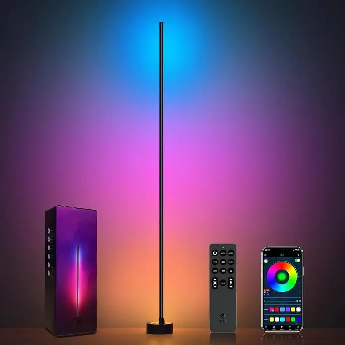 RGB Color Changing Corner Floor Lamp - Sound Pickup Rhythm Light Bar, USB-Powered Smart Atmosphere Standing Lamp with Remote & Bluetooth App Control for Room Decor