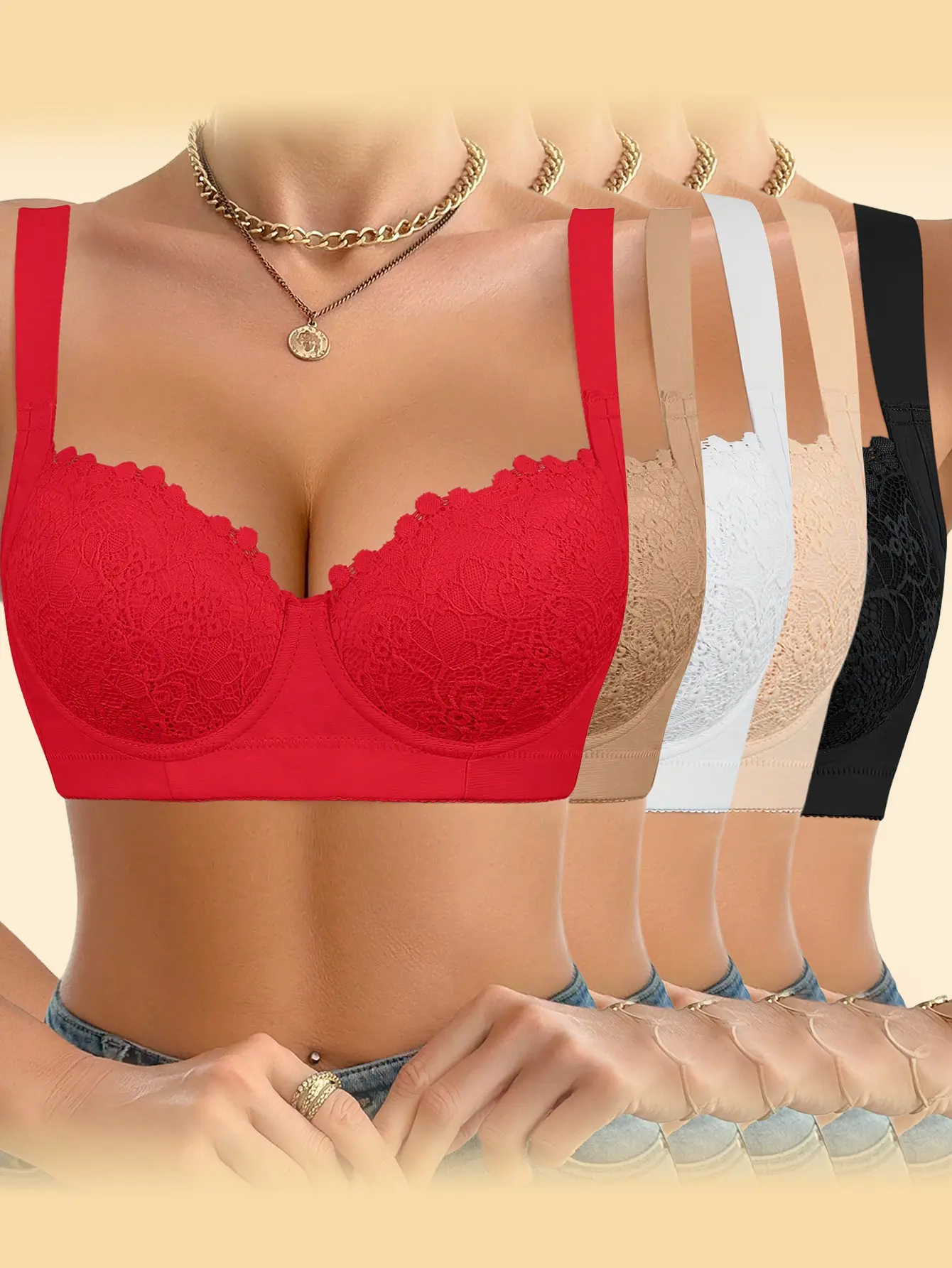 Ecomilky Women's Push-Up Bra with Adjustable Straps, Underwire Cups, Non-Removable Pads, Comfortable for Everyday Wear, All Seasons (Black + White + Red) Fit Womenswear Lingerie Elegance minimizer bra bra push up bra bras summerwins