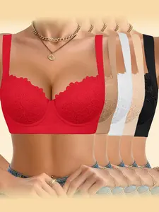 Ecomilky Women's Push-Up Bra with Adjustable Straps, Underwire Cups, Non-Removable Pads, Comfortable for Everyday Wear, All Seasons (Black + White + Red) Fit Womenswear Lingerie Elegance minimizer bra bra push up bra bras