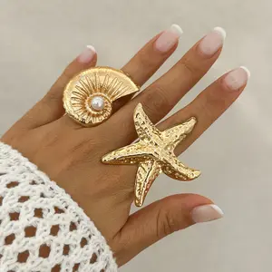 Summer Beach Starfish Pearl Ring Women's Adjustable Simple Jewelry Vacation Accessory
