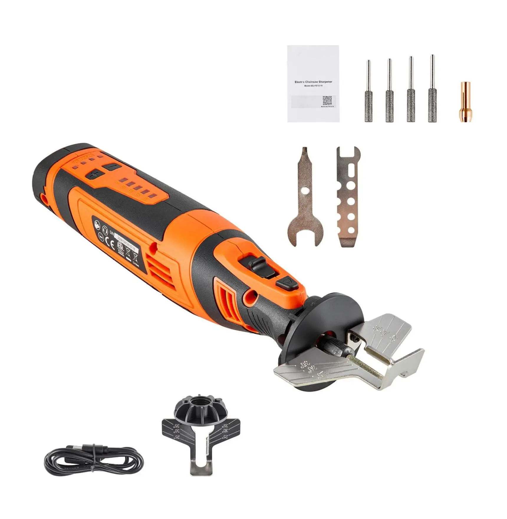 Cordless Chainsaw Sharpener, 5-Speed Electric Chain Sharpener 5000-30000 RPM, Handheld Saw Chain Grinder with 4 Sharpening Heads & Angle Guide Default