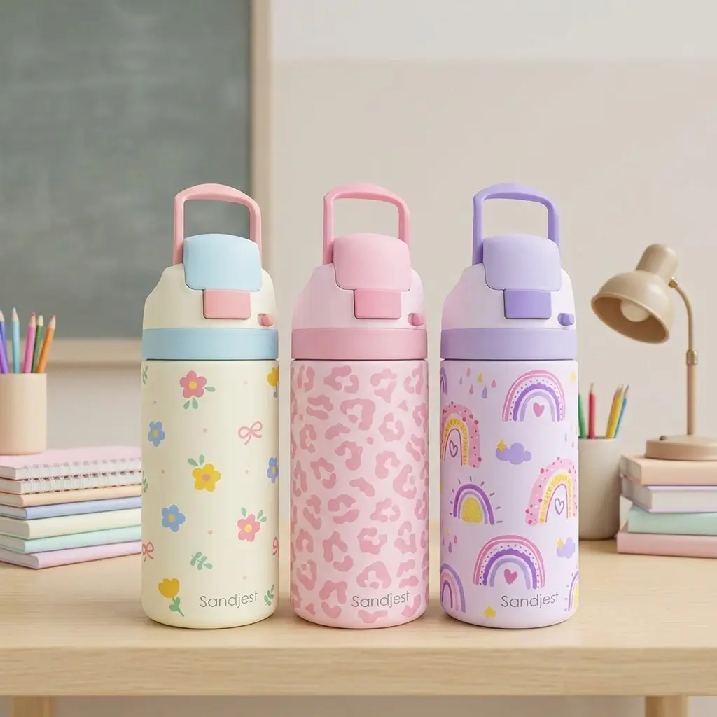 SANDJEST 16oz Push-button Lid Water Bottle Cute for Kids, Stainless Steel 100% Leak-Proof, Hot Cold Daily Hydration, Portable for School Travel Camp