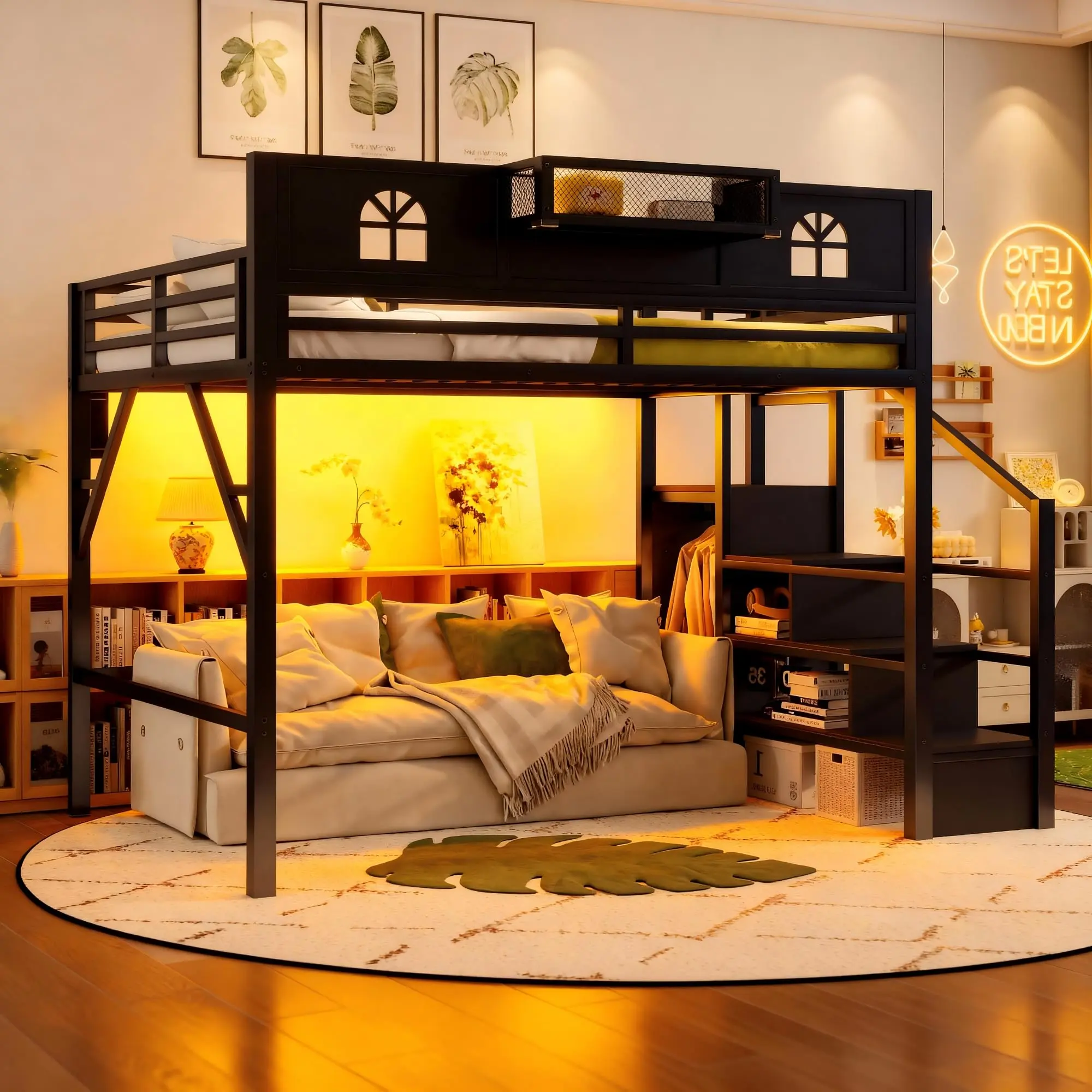 DUXELIFIN Full/Queen Size Metal Loft Bed for Adults - Convertible Design with Stairs, LED Light Bedroom Feature, Charging Station, Storage Shelves, Wardrobe, 500-800 lbs Capacity, Extra-Tall Guardrails (Black/White) to Light Up Your Space