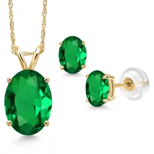 Gem Stone King 14K Yellow Gold Green Nano Emerald Pendant Earrings Jewelry Set For Women | 3.55 Cttw | Gemstone May Birthstone | Oval 11X9MM | with 18 Inch Chain