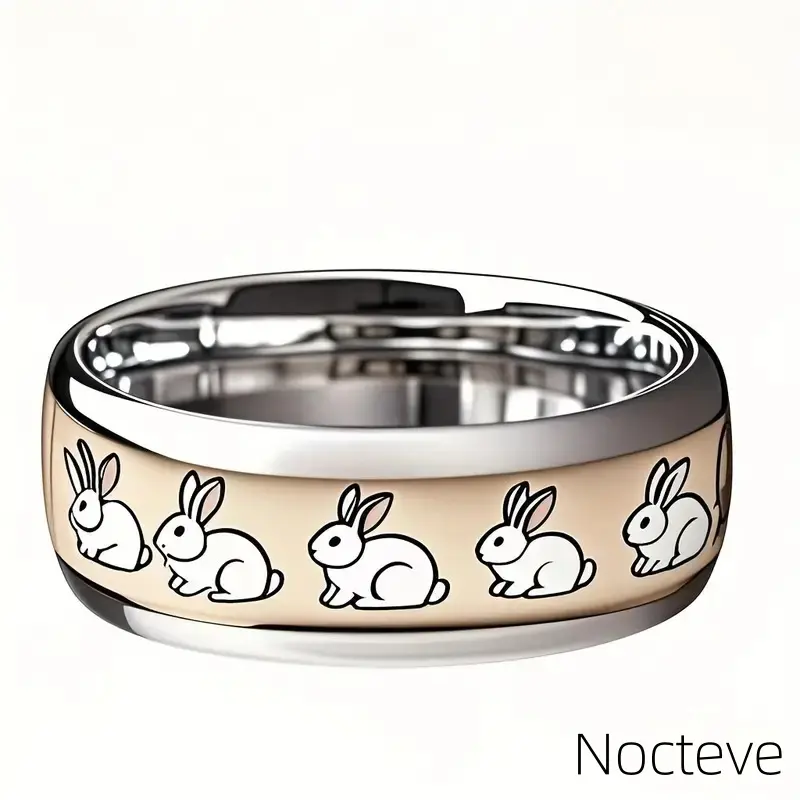 Kawaii Dome Sculpted Tiny Rabbit Stainless Steel Women Ring, Silver Tone Cute Bunny Girly Stackable Statement Band, Smooth Polished Lightweight Jewelry for Daily Dating Gift