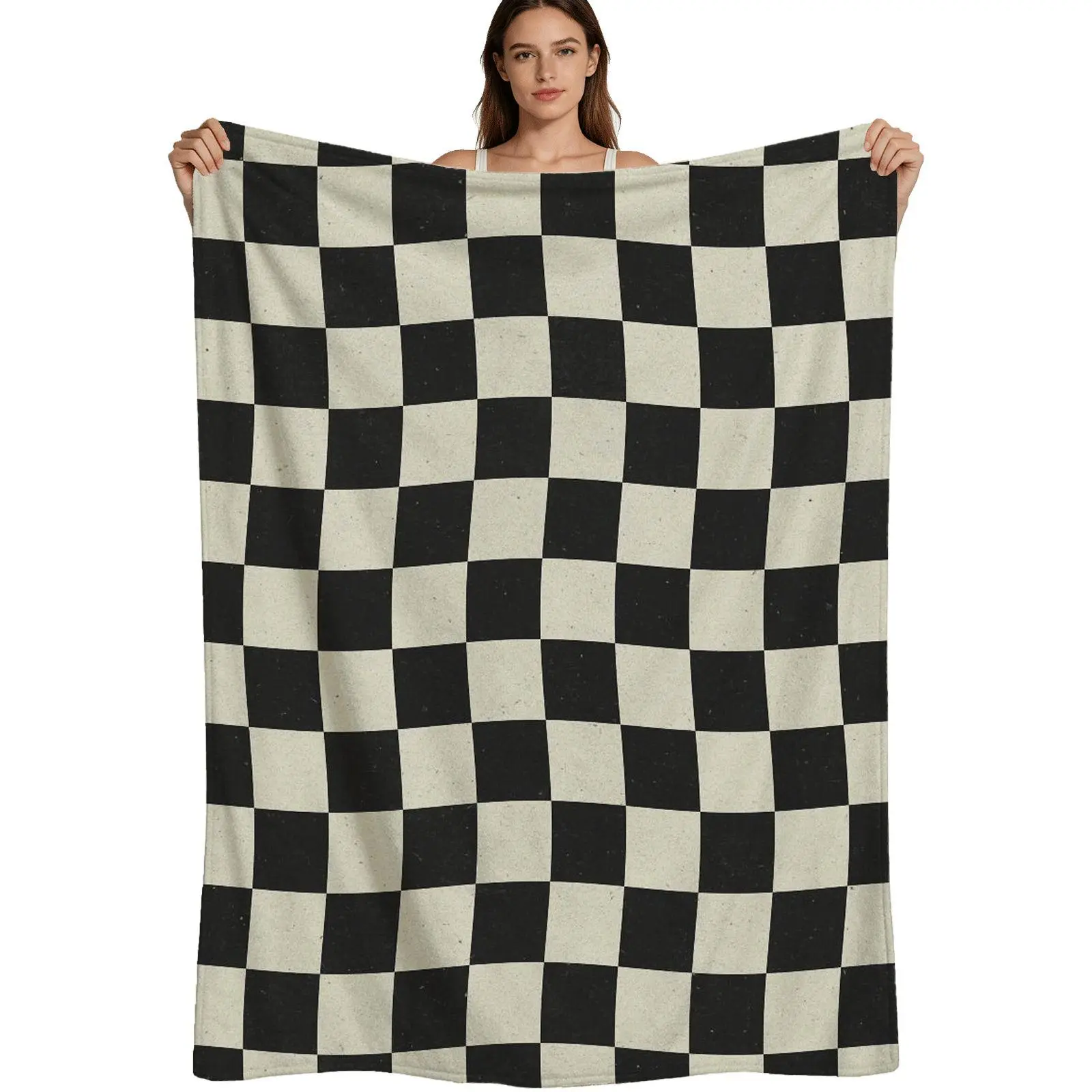 Retro Style, Warm Flannel Blanket, Wavy Checkerboard Pattern, Soft Fleece Fabric, For Home And Travel, 4 Sizes Available Single Pack