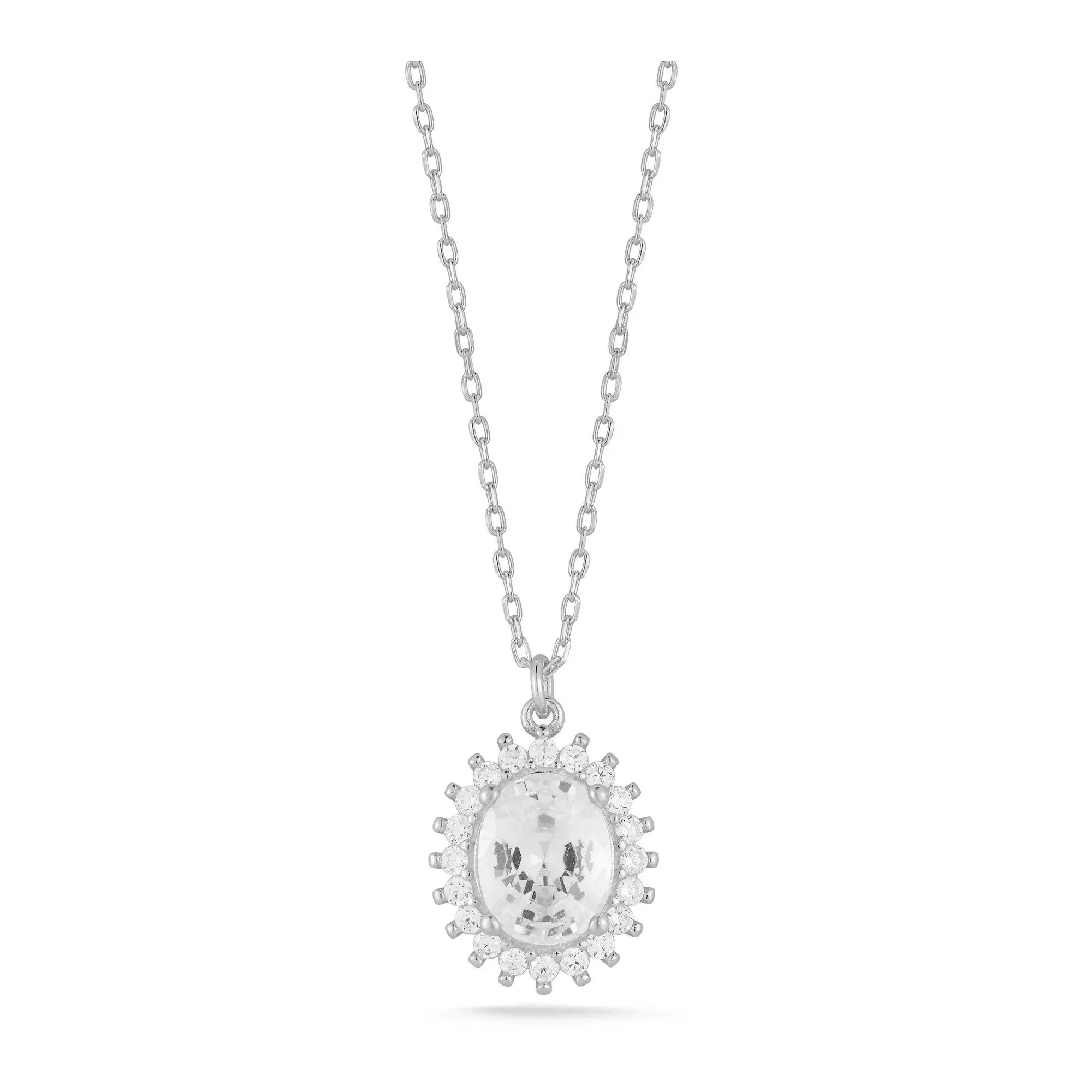 Sterlina Silver Vintage Oval H alo Pendant w/ Chain, Sterling