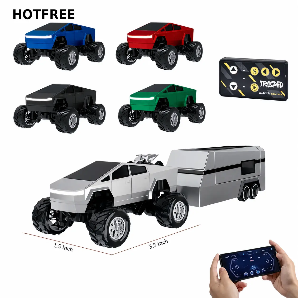 Hotfree 1/64 Mini RC Monster Cybertruck, All-Terrain Metal Off-Road Pickup with Trailer, 2.4GHz Remote & App Control, USB-C Rechargeable, Big Wheel Racing Toy, Perfect Birthday Christmas Gift for Kids, Boys & Collectors