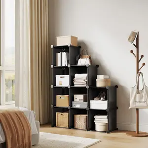 Cube Storage Organizer, 9-Cube Closet Storage Shelves, Plastic Stackable Shelving Cubes with Feet & Rubber Mallet, for Bedroom, Living Room, Office, 37.4 x 12.60 x 48.8 Inch