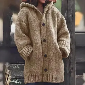 2025 Mid-Length Sweater New  Hooded Coat Knitwear Tops Khaki Long Sleeve Minimalist Winter Womenswear versatile outerwear Women's Open Front Chunky  cozy oversized cardigan autumn  everyday fall Cable Knit Long Sleeve  lightweight soft pullover white max