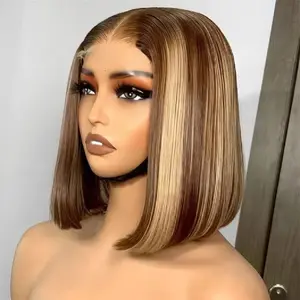 Uniky Hair 6x4 Highlight Bob Wig Pre Cut Pre Plucked Transparent Lace Closure Glueless Straight human Hair Wigs 4/27 Ombre Honey Blonde Glueless Wig Pre Plucked With Baby Hair for Women short bob lace