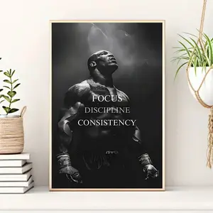 A Modern Vertical Decorative Painting Featuring a Black And White Poster of a Muscular Man, Adorned with Motivational Quotes Like 'Focus