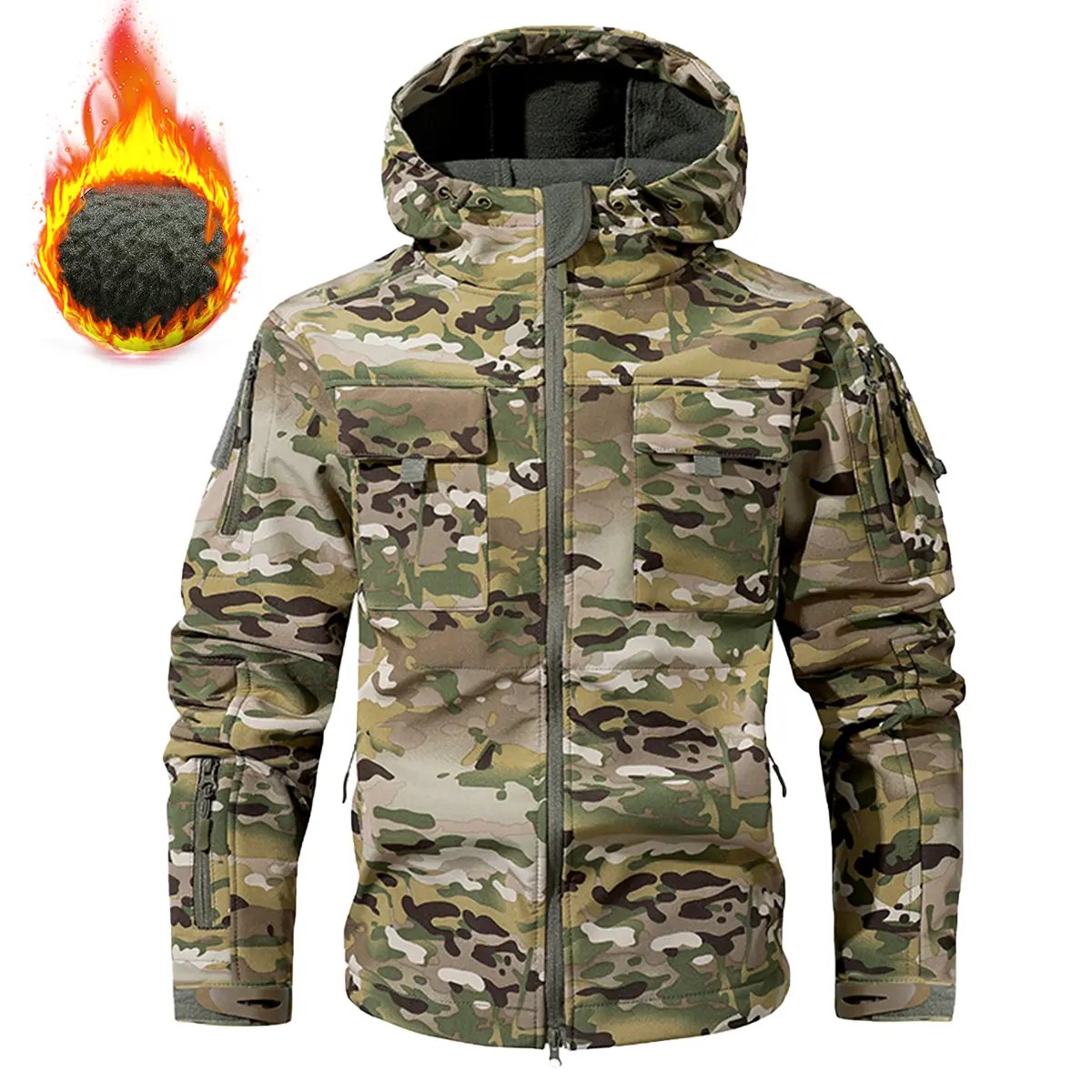 Men's Fitted Long-Sleeve Polyester Camouflage Softshell Workwear Jacket - Hooded, Thick, Waterproof, Wear-Resistant, Cold-Proof, Warm, Multi-Pocket Fleece-Lined Plain Casual Outdoor Coat for Autumn Winter Menswear Tops