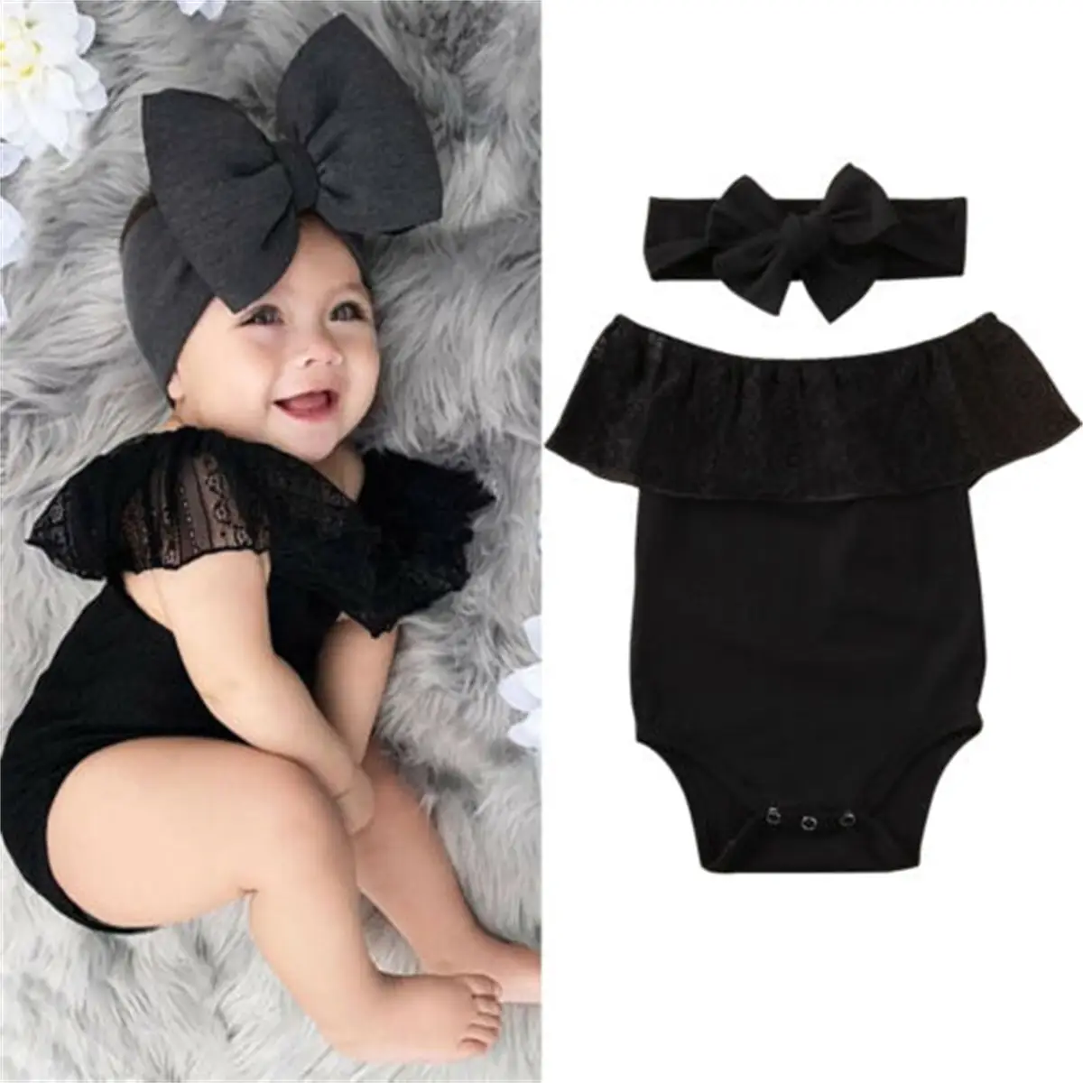 Toddler Baby Girl Off Shoulder Romper Lace Shorts Jumpsuit Ruffle Floral Sleeveless Romper+ Bowknot Headband Outfit