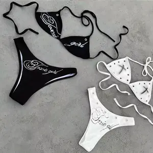 Summer Retro Tie Strap Bikini, Cross Print Sexy Stylish Women Swimwear Set