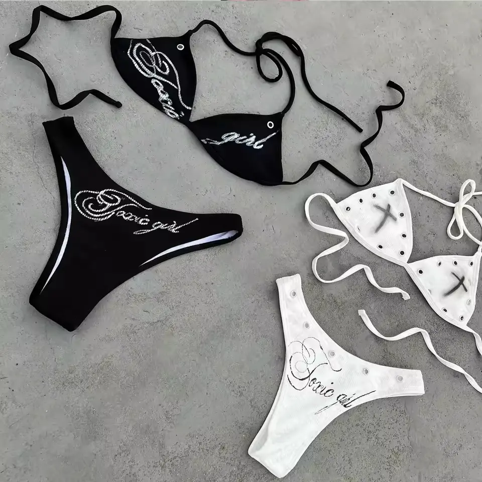 Summer Retro Tie Strap Bikini, Cross Print Sexy Stylish Women Swimwear Set