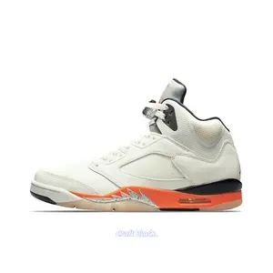 White Tumbled Leather High-Top Retro Basketball Shoes with Orange Cement Pattern and Translucent Outsole