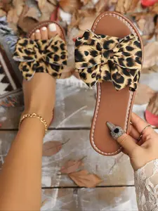 Women's Fashion Leopard Print Bowknot Design Slides, Casual Comfortable Flat Slippers for Beach, Outdoor, Daily Wear, Walking Shoes