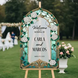 White Hydrangea Stained Glass Wedding Welcome Sign — Art Nouveau Arch