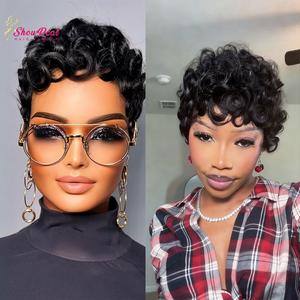 ShowRealHair 025 Pixie Cut Wig Pin Curls Short Bomb Curly Wigs Brazilian Virgin Human Hair Short Curly Pixie Wigs Pixie Cut Layered Wig Natural Black Short Wigs for Black Women Short Glueless Wig SpringStatements #SummerVibes