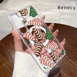 Magnetic Phone Case Supports Wireless Charging for  Samsung Galaxy S23 Ultra S24 Plus FE S25 S22+ Christmas Cookie Fantasy Pattern Non-Yellowing Shockproof Soft Silicone Transparent Acrylic Large Hole Cover