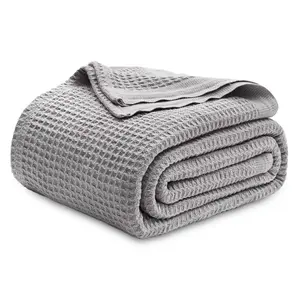 Bedsure Waffle Weave 100% Cotton Blanket Queen 90x90 Grey Soft Breathable All Season Bed Blanket