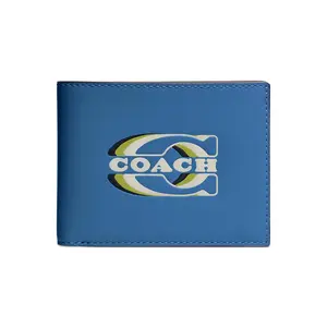 COACH 3-in-1 Wallet for Men – Logo-Printed Solid-Color Calfskin Cardholder in Blue
