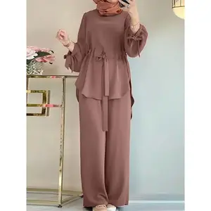 H730 Muslim Women's Solid Color Drawstring Tie Two-Piece Set Round Neck Top Wide Leg Pants Elegant Women's Suit(Sheets)