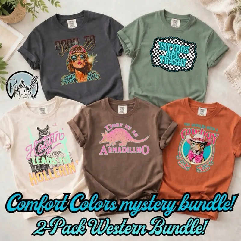 Women's Mystery Western Tee Bundle 2-Pack Comfort Colors Graphic Shirts Vintage Style Surprise Western Bundle