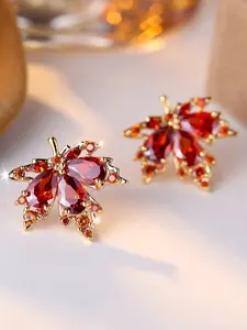 Exquisite Maple Leaf Earrings - Fashion Engagement Earrings for Women & Girls, Fashion Jewelry Accessories, Synthetic Zirconia Inlay Stud Earrings, Cubic Zirconia, Perfect for Weddings & Daily Wear Valentine's Day Gift