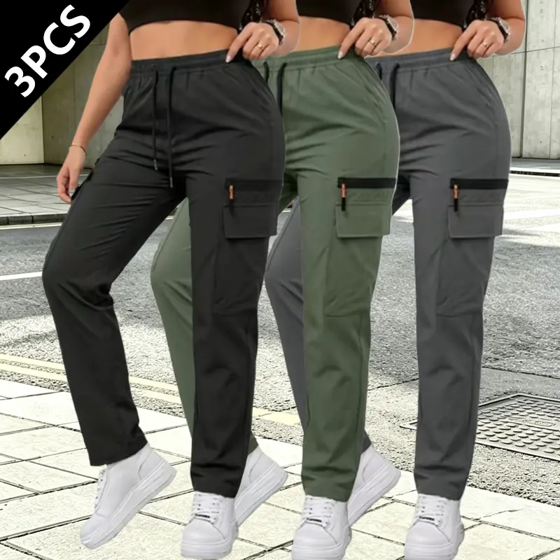 LIFE KEEPS MOVING women’s solid-color cargo pants for all seasons，3/1pack—joggers with multiple pockets, outdoor sports wear, casual drawstring elastic waist, durable everyday bottoms for spring and autumn; women’s clothing