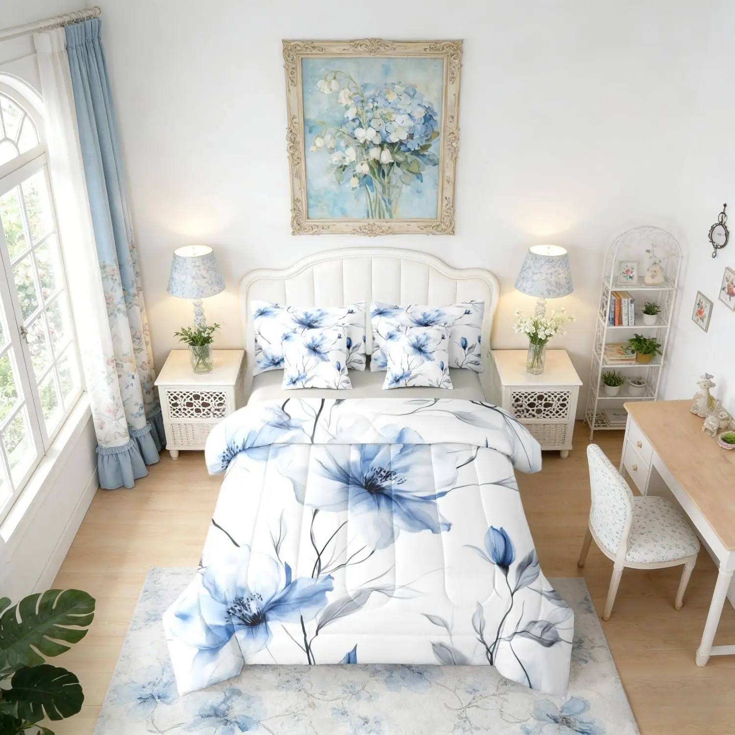 Feelyou King Bedding Quilt Set, 7-Piece Blue and Grey Boho Watercolor Floral Breathable All-Seasons Microfiber Bedding Set with Flat Sheet, Fitted Sheet & Blossom Leaf Duvet Cover, Queen Bedding Sets