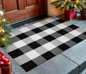 KOZYFLY Buffalo Plaid Area Rugs 2X3 Ft Black and White Checkered Rug Washable Front Door Mat Hand Woven Cotton Outdoor Rug Small Rug for Front Porch Kitchen Entryway Patio Bathroom