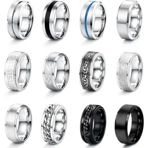12 Pcs Stainless Steel 8 Mm Rings with Polished Band, Matte Finish, Set for Men Size 7-13Gift