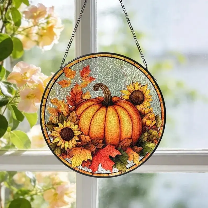 Pumpkin Sunflower Stained Glass Suncatcher, Maple Leaf Window Hanging, Floral Fall Harvest Autumn Window Decor