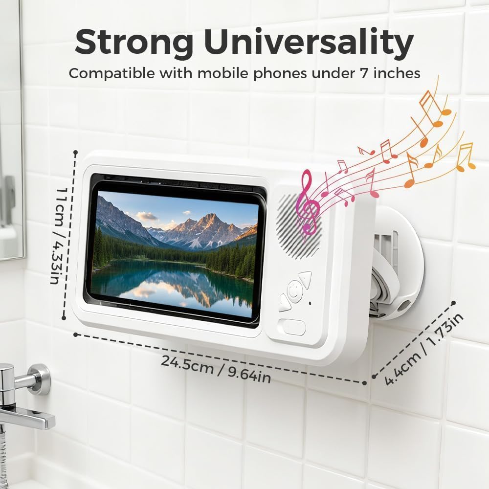 Waterproof Shower Phone Holder with Bluetooth Speaker – 2026 New IPX8 Waterproof Wall Mount, Universal Fit for All Smartphones, Bathroom & Shower Mirror Mount with Hands-Free Stand Stream Cellphone Adjustable
