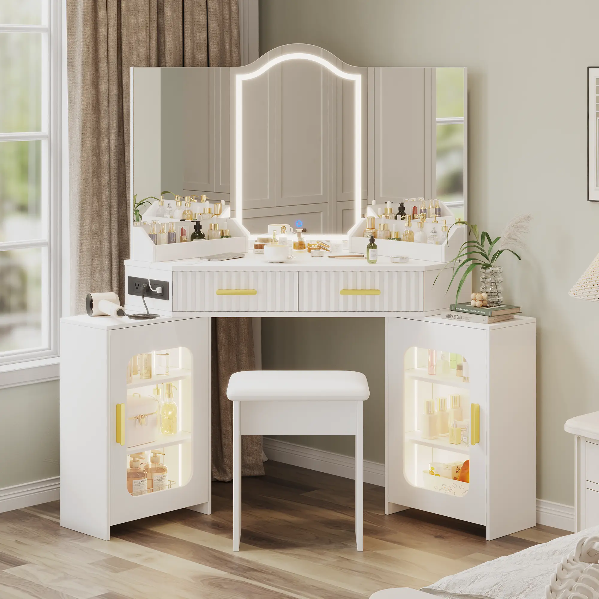 Corner Vanity Desk with Stool, Modern Makeup Table with 3 Way Lighted Mirror, Charging Station, 2 Fluted Drawers, 2 Storage Cabinet, Corner Dressing Table for Bedroom, Women, Girls (White + Gold)