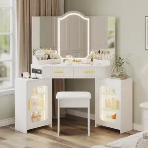 Corner Vanity Desk with Stool, Modern Makeup Table with 3 Way Lighted Mirror, Charging Station, 2 Fluted Drawers, 2 Storage Cabinet, Corner Dressing Table for Bedroom, Women, Girls (White + Gold)