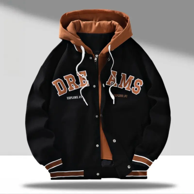Unisex faux two piece hooded varsity jacket – DREAMS 3D appliqué lettering, smooth woven fabric, ribbed stripe hem, dropped shoulders, relaxed fit, American retro collegiate jacket for campus & street style
