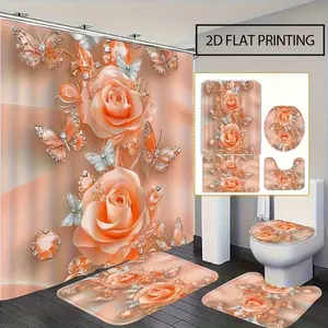 Orange floral and diamond butterfly design shower curtain set, non-slip mat, U-shaped rug, toilet seat cover, perfect for bathroom décor, beautifies the space, includes 12 shower curtain hooks.
